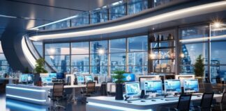 Tech in Transition: Weathering the Storm and Seizing the Future futuristic office with no staff representing tech in transition