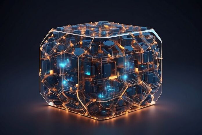 digital blockchain cube with intricate electronic components inside