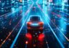 Road Trip Revolution: How Car Safety Technology is Transforming Travel a digital car in a digital and futuristic city displaying car safety technology