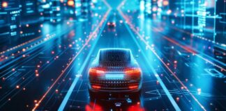Road Trip Revolution: How Car Safety Technology is Transforming Travel a digital car in a digital and futuristic city displaying car safety technology