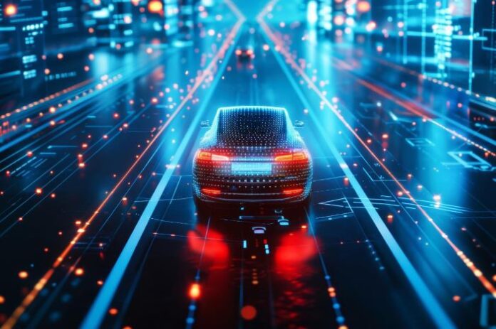 a digital car in a digital and futuristic city displaying car safety technology