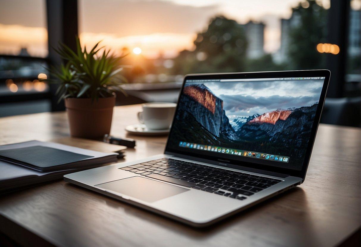 A MacBook OS screen with open applications and a sleek, silver laptop on a desk