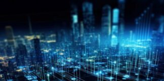 Why Businesses Can’t Stop Talking About IoT digital depiction of a city skyline with communication pixels representing all the IoT devices
