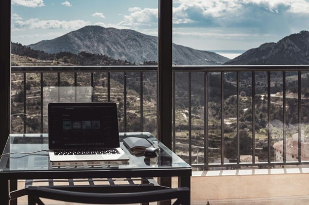 remote work office overlooking mountains