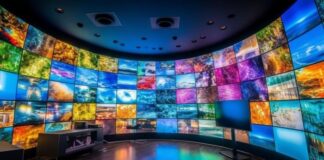 Benefits of Spanish TV Shows for Kids Learning Spanish a room full of colorful TV monitors representing Spanish TV