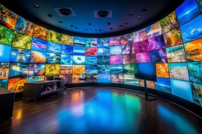 a room full of colorful TV monitors representing Spanish TV
