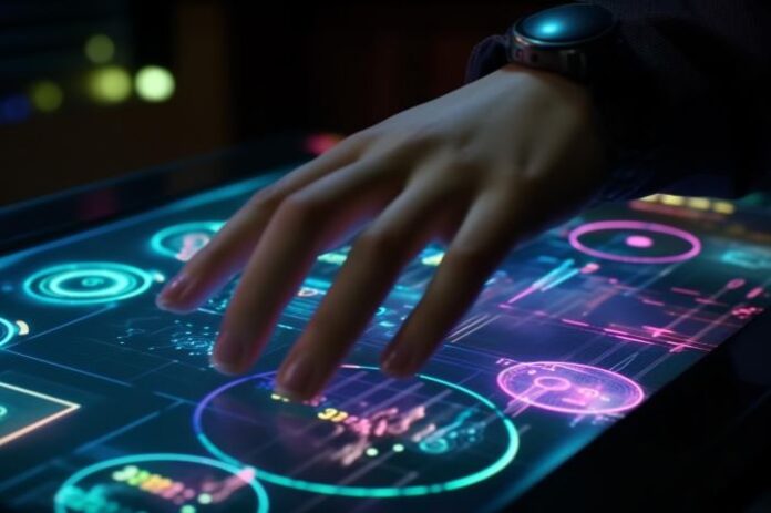 woman's hand on a digital screen using ACR technology