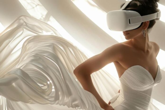 woman wearing VR goggles in a white dress while beauty shopping with virtual reality