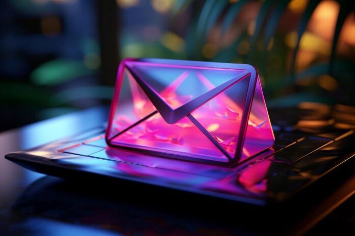 3D lit up email object sitting on laptop representing email hosting