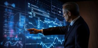 AI Gives Financial Power Back to Retail Investors businessman accessing a large digital dashboard reviewing data on retail investors