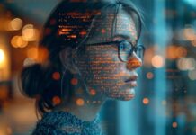 Harnessing Enterprise-Focused Language Models for R&D woman's face with enterprise-focused language models typeset overlaid on her face