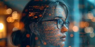 Harnessing Enterprise-Focused Language Models for R&D woman's face with enterprise-focused language models typeset overlaid on her face