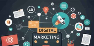 How to Align Your Brand with the Right Fintech Marketing Agency? drawing of a laptop and desk with many icons representing fintech marketing and more