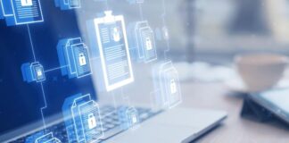 Tech Tools for Document Management a laptop on a desk with a digital dashboard representing Tech Tools for Document Management