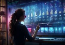 GenAI for Customer Analytics, Data Management, and Insight Generation woman working with GenAI on a large analytics digital dashboard