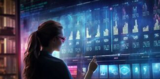 GenAI for Customer Analytics, Data Management, and Insight Generation woman working with GenAI on a large analytics digital dashboard