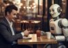 The Timeless Value of Business Cards in the Age of AI man and robot exchanging business cards at a coffee shop
