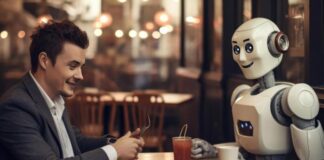 The Timeless Value of Business Cards in the Age of AI man and robot exchanging business cards at a coffee shop