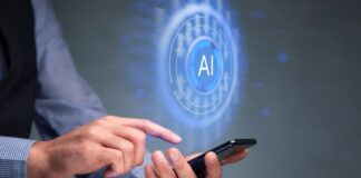 Risks and Implications of AI Implementation in Business Software man on smart phone performing AI implementation in business software