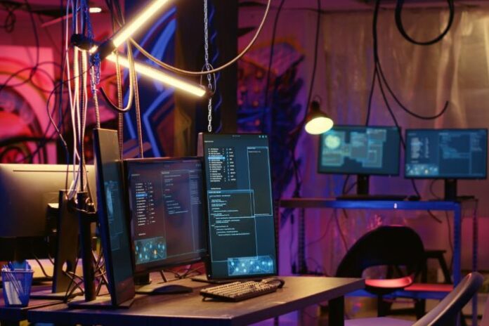 hacker desk with many computers and monitors to thwart cybersecurity practices