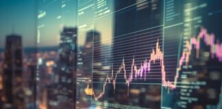 Is Technology Changing the Finance World? a digital financial graph overlaid over a city skyline in the finance world