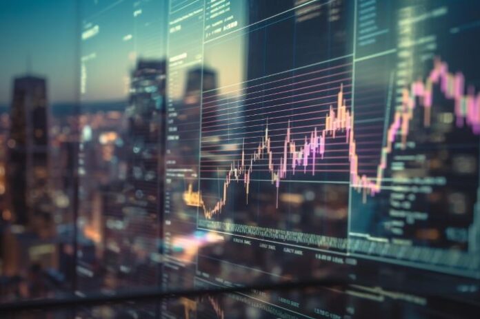 a digital financial graph overlaid over a city skyline in the finance world