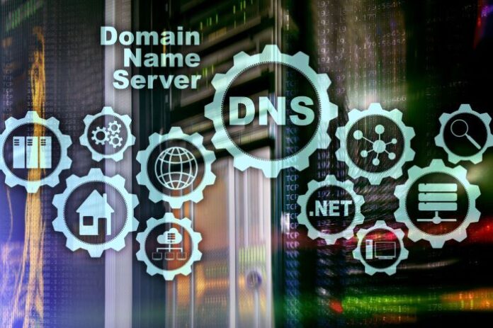 photo of server farm with managed DNS icons overlayed on it