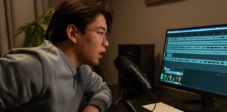 How AI Voice Cloning is Revolutionizing the Entertainment Industry A Man in Gray Sweater Sitting at the Table using AI tool