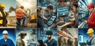 The Critical Role of Rugged Tech in Modern Industry collage of various workers in industries that use rugged tech