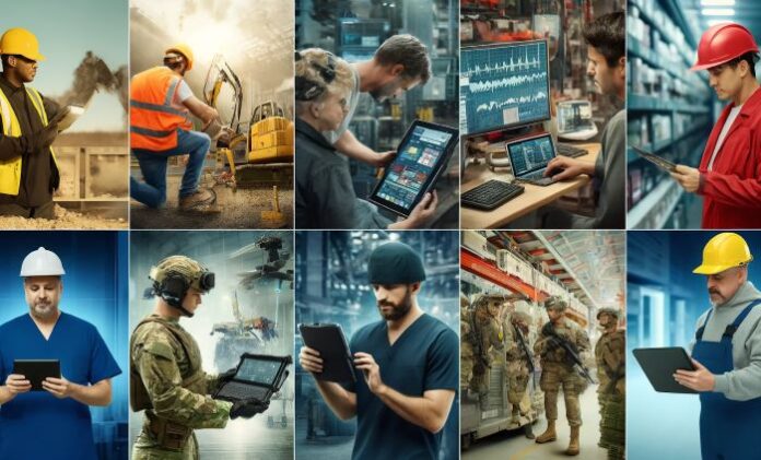collage of various workers in industries that use rugged tech