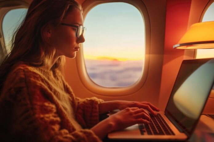 woman using technology as she travels on a plane