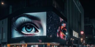 AdTech Services: Driving ROI Through Data-Driven Advertising A digital billboard using AdTech Services with a woman's eye