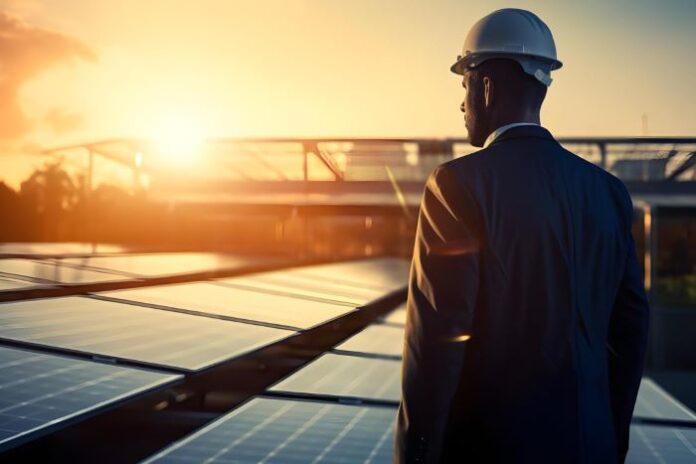 Experienced Engineer specializing in Energy Management, standing outside with a hard hat and observing energy sources