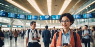 Personalizing Travel & Hospitality: The Gen AI Advantage Woman using Gen AI on her smart phone for travel in an airport