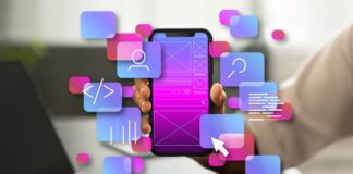 Outsourced Custom Application Development A hand holding a smartphone with images of apps, showing custom application development