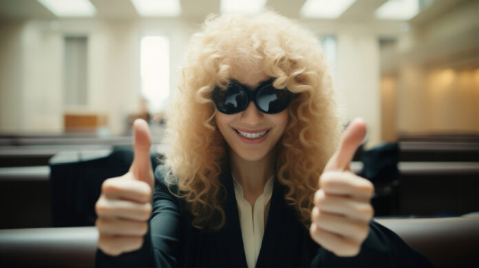 A woman in sunglasses giving two thumbs up because she has her best job role