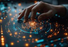 SaaS Development: Driving Efficiency in Digital Transformation Hand hovering over lighted digital graphic, showing SaaS development