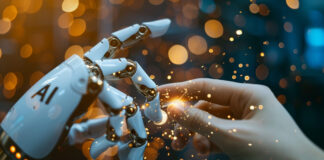Balancing Innovation and Responsibility in AIĀ Human hand and robot touching, demonstrating responsibility in AI