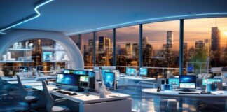 5 Key Benefits of Smart Offices for Businesses Smart office of the future with computers and desks