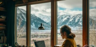 The Future of Work: Picking the Right Meta Workplace Substitute A remote worker at her meta workplace substitute in her home, in front of a mountain,