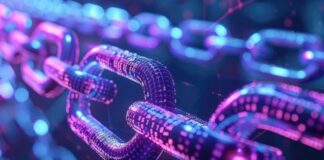 7 Top Benefits of Blockchain Technology on The Financial Sector purple and blue graphic of a chain, showing the benefits of blockchain technology