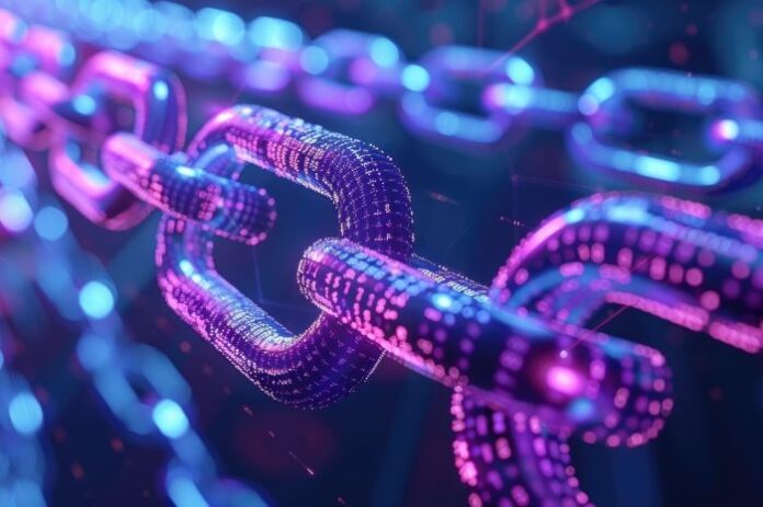 purple and blue graphic of a chain, showing the benefits of blockchain technology