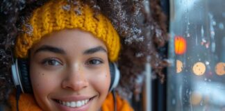 Transforming Cold Calls: Trust Turns Leads into Customer-Centric Success A woman with outdoor clothes and headphones cold calling