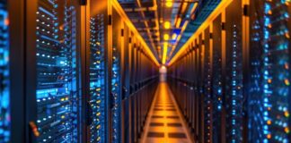 Elevating Your Network Infrastructure with Cisco Meraki Support A row of servers in orange and blue light, at a company elevating their network