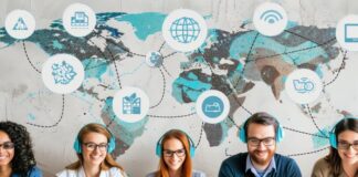 The Synergy of Mobile Technology and Top-Up in Global Communication five people on laptops with a world map behind them, engaging in global communication