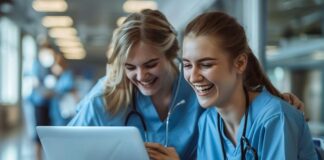 Digital Tools Boost Career Growth for Nurses in the Tech Era two nurses in the tech era using a laptop
