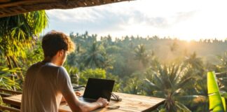 Remote Work Mastery: Essential Tools and Strategies for Success  Remote worker at a tropical location on a laptop