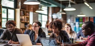 Mastering Career Shifts: Today’s Guide to Upskilling and Reskilling A modern classroom with students upskilling and reskilling