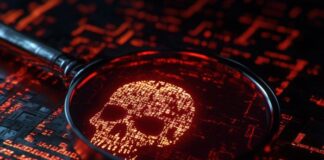 What You Need to Know About Cryptojacking and How It Works graphic of a glowing skull in a digital background, evoking cryptojacking