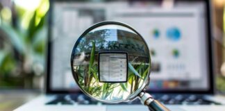 Tips For Improving Website Visibility This Year viewing a laptop through a magnifying glass to show improving website visibility